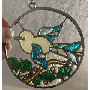 Stained Glass Round White Bird Blue Wings Holly Berries Suncatcher 3.5" X 3.25"